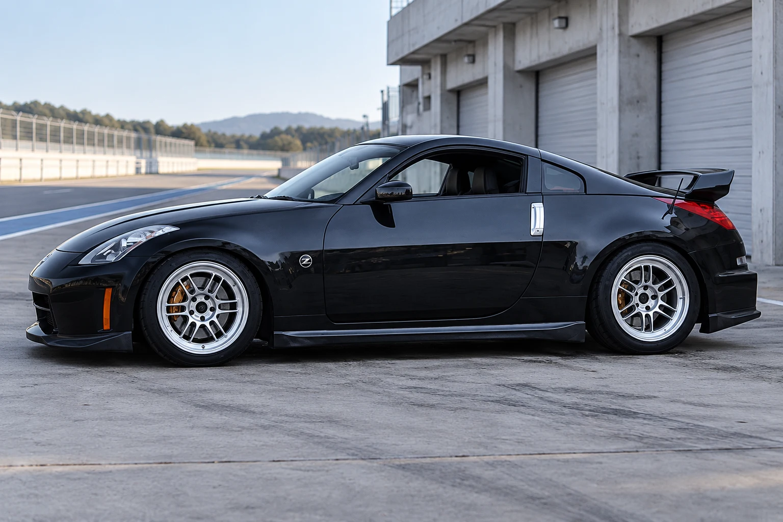 AI-generated view of a 2008 Nissan 350Z NISMO with Enkei RPF1 wheels