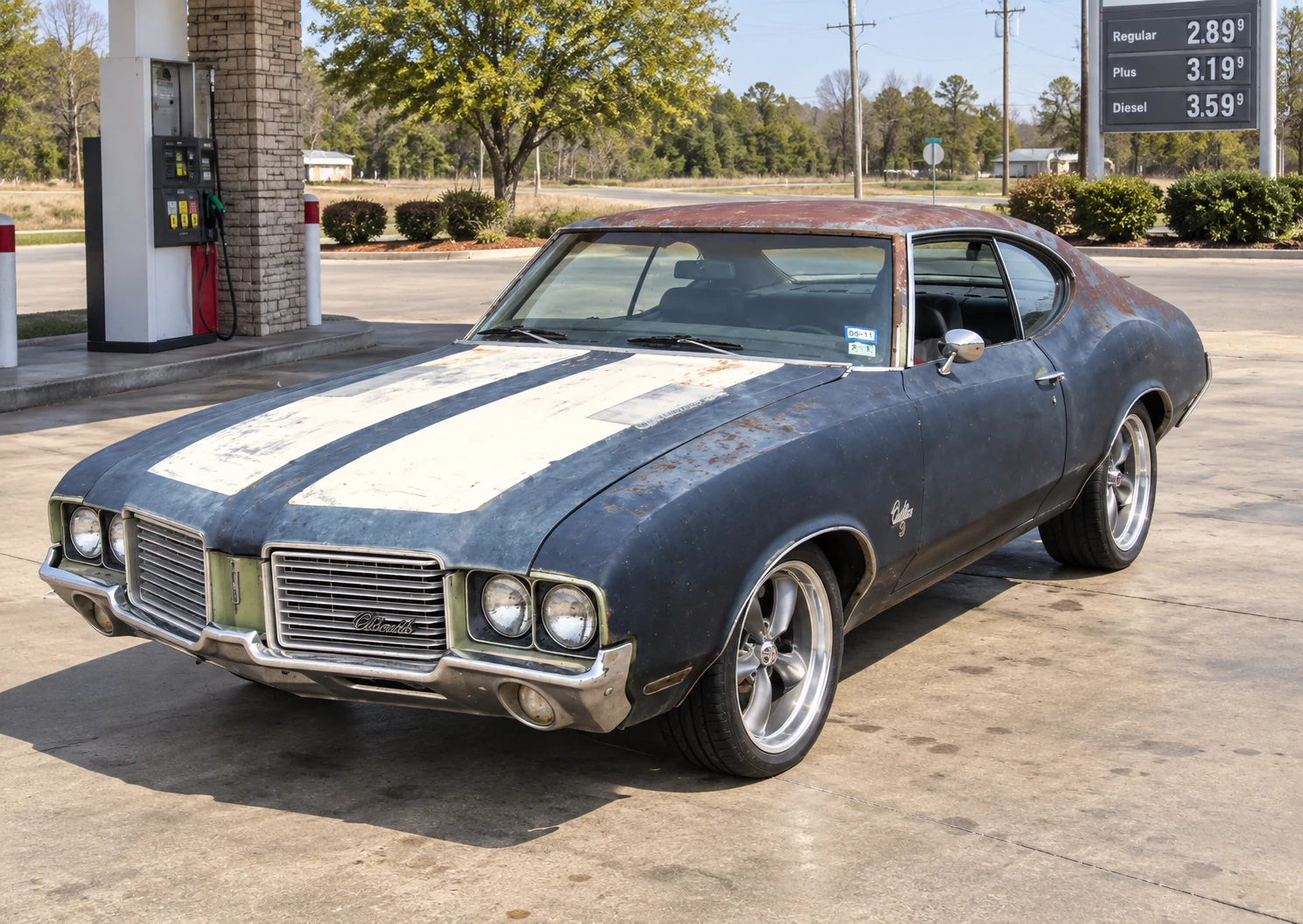 AI-generated view of a 1972 Oldsmobile Cutlass S with Boss 338 wheels